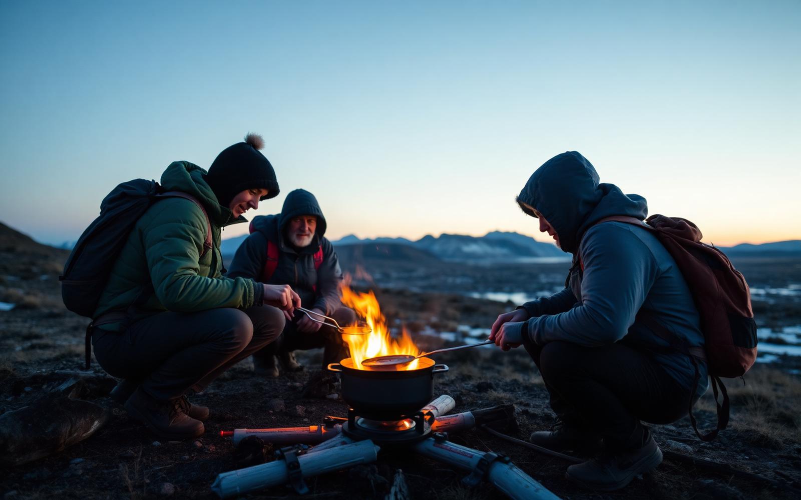 Vandrare som lagar mat i skymningen