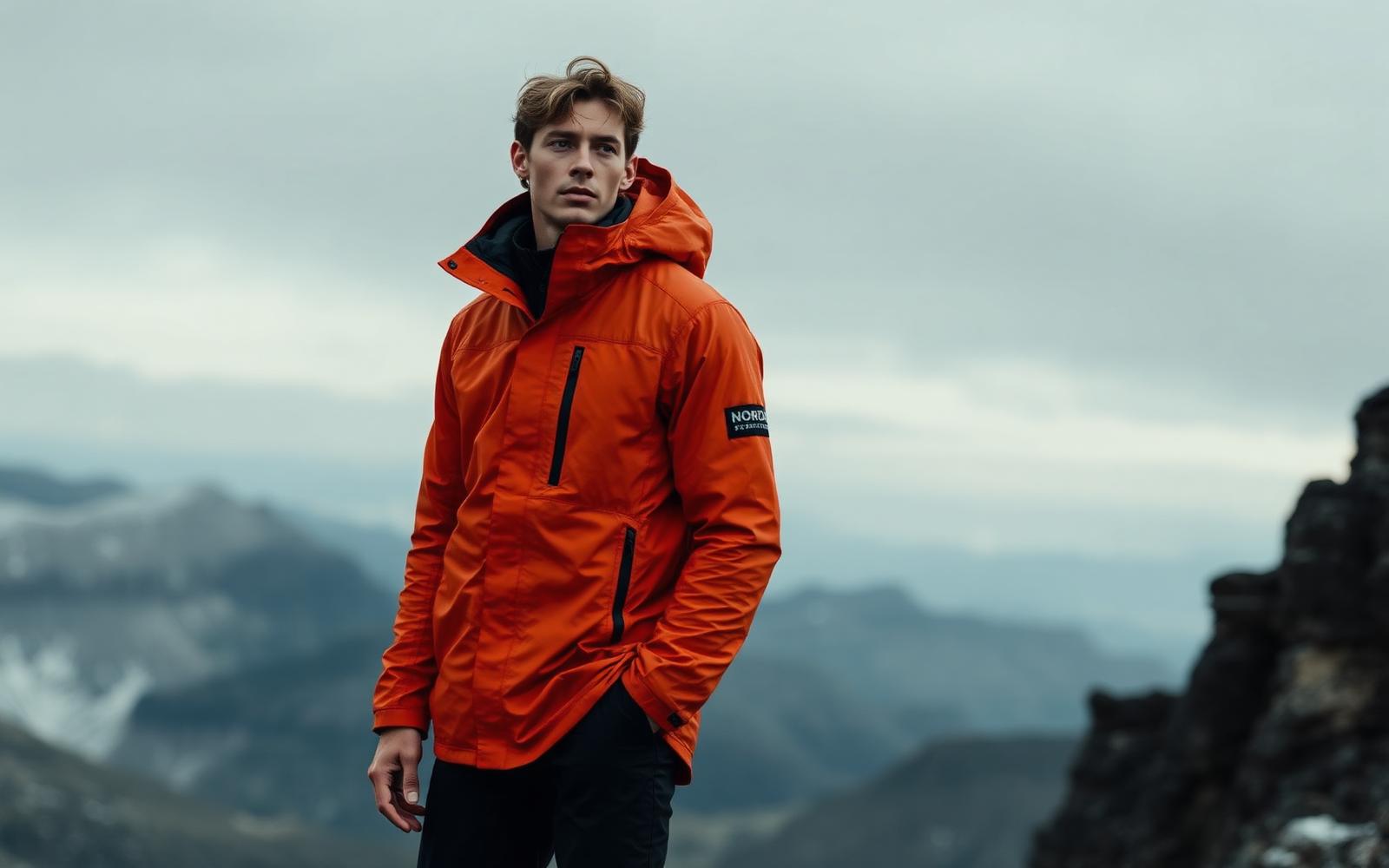 Kampanjbild: modell i orange skaljacka på fjällrygg