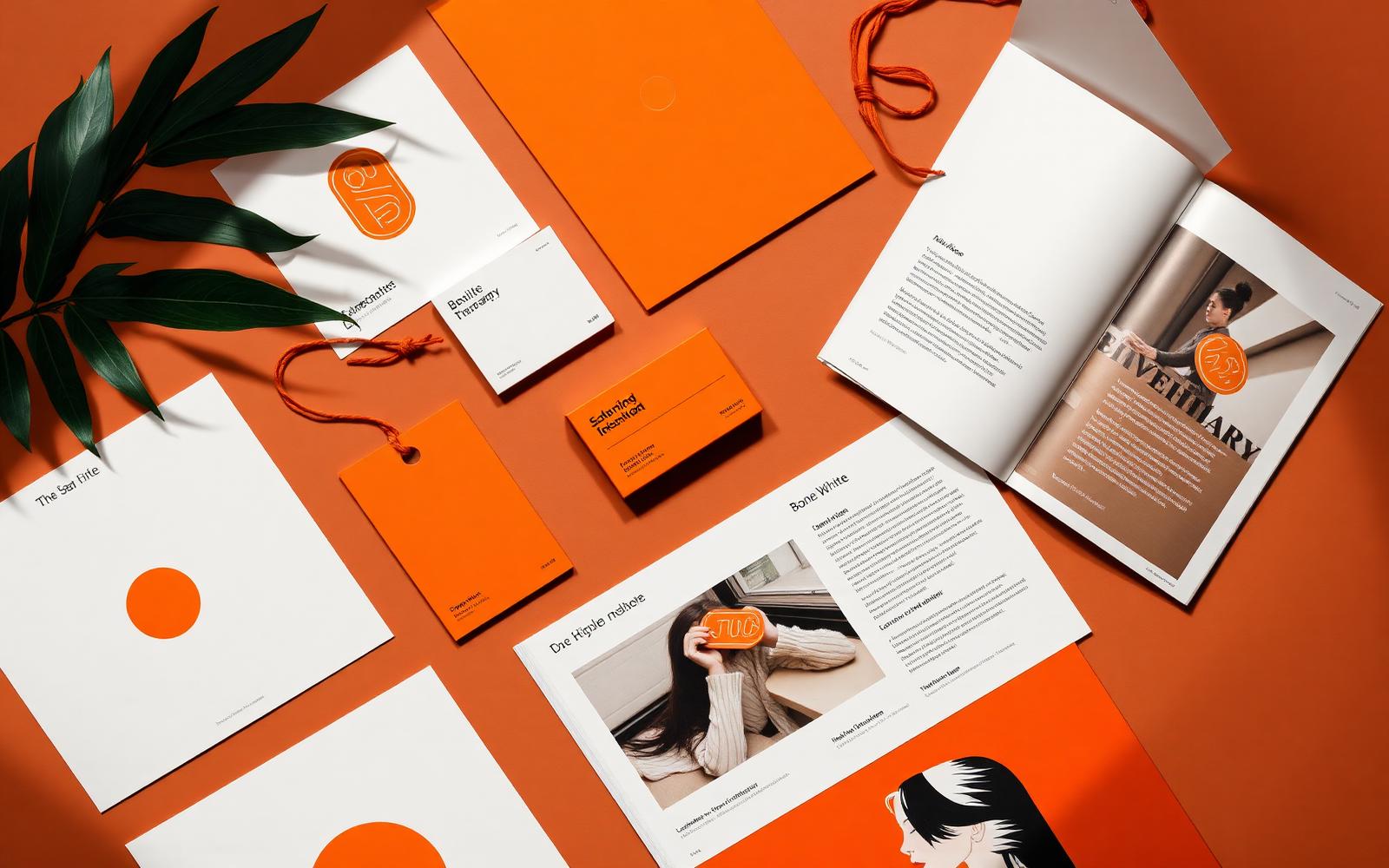 Varumärkesmaterial i orange och benvitt